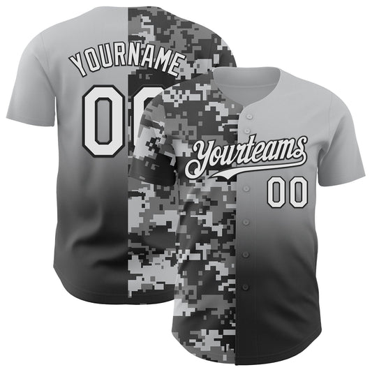 Custom Gray White-Black Half Camo Ombre Authentic Baseball Jersey - Main View