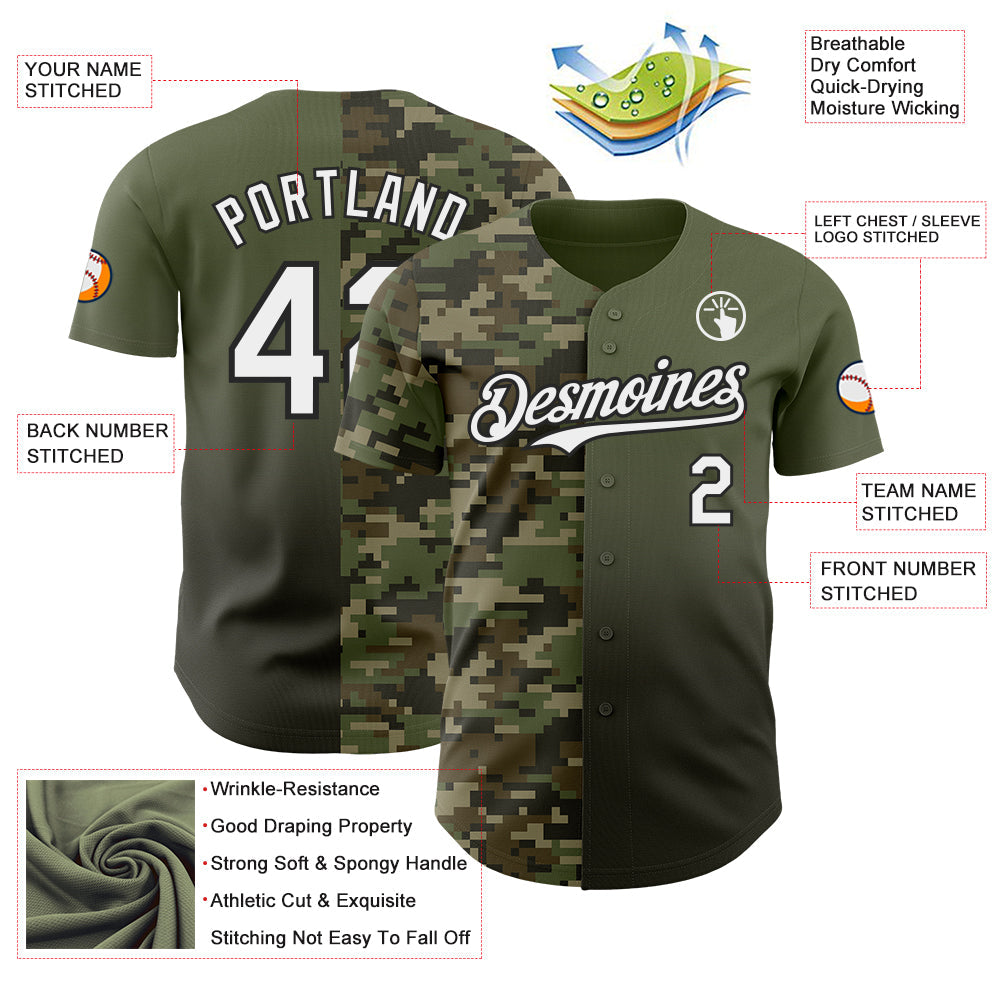 Custom Olive White-Black Half Camo Ombre Authentic Baseball Jersey view 3