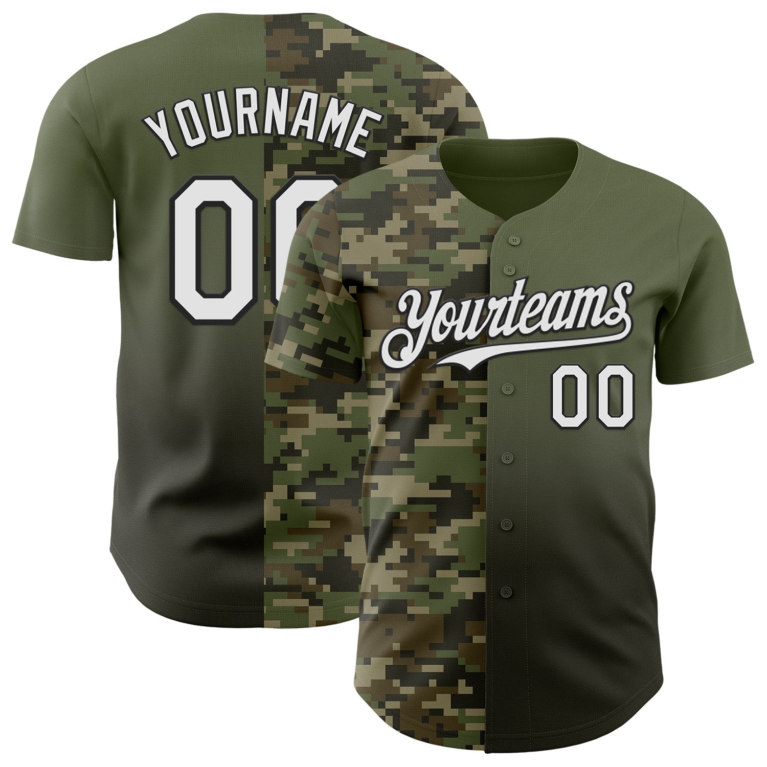 Custom Olive White-Black Half Camo Ombre Authentic Baseball Jersey - Main View