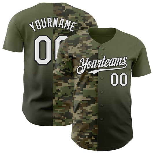 Custom Olive White-Black Half Camo Ombre Authentic Baseball Jersey - Main View