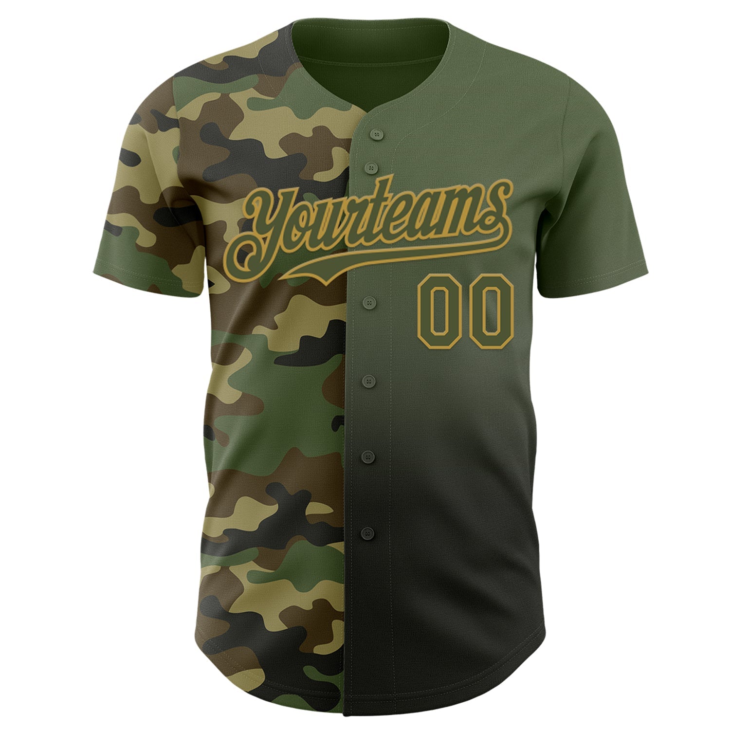 Custom Olive Black-Old Gold Half Camo Ombre Authentic Baseball Jersey view 2