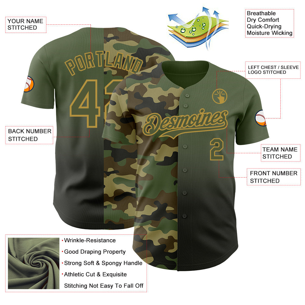 Custom Olive Black-Old Gold Half Camo Ombre Authentic Baseball Jersey view 3