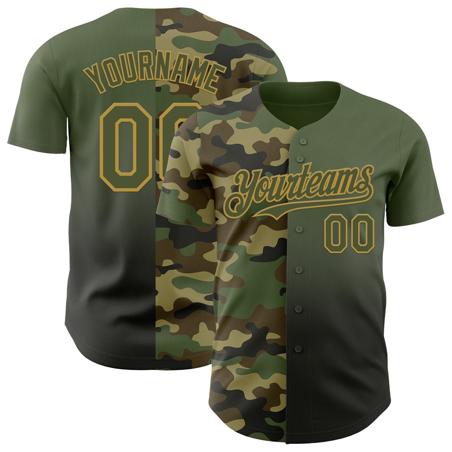 Custom Olive Black-Old Gold Half Camo Ombre Authentic Baseball Jersey - Main View