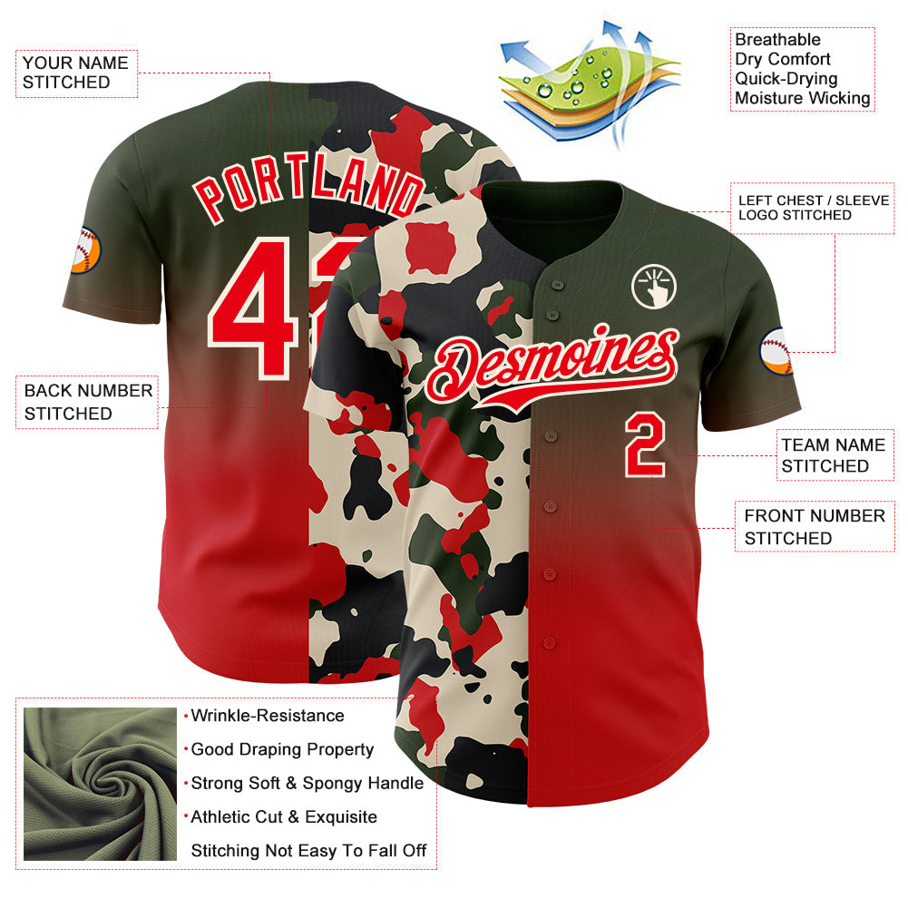 Custom Black Fire Red-Cream Half Camo Ombre Authentic Baseball Jersey view 3