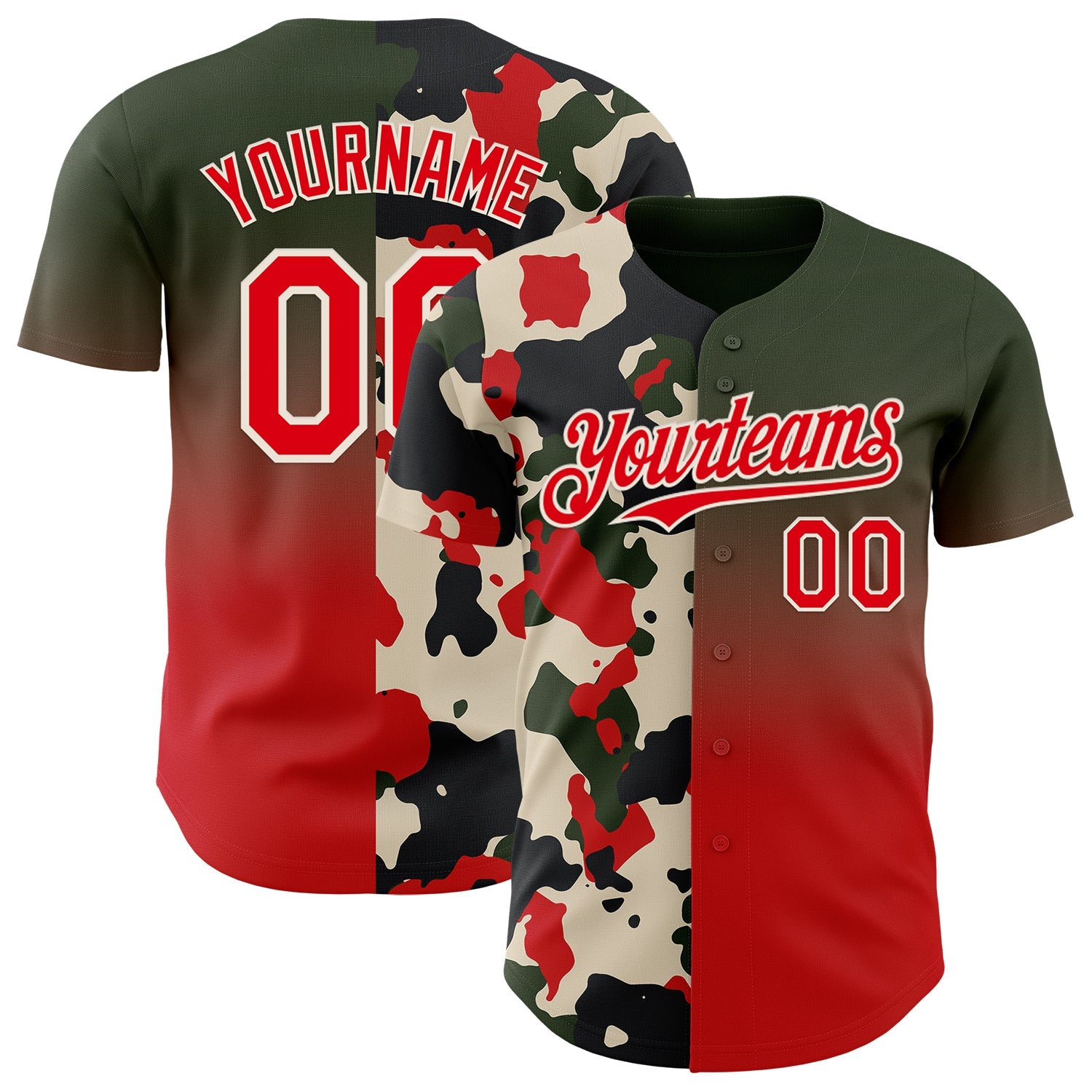 Custom Black Fire Red-Cream Half Camo Ombre Authentic Baseball Jersey - Main View