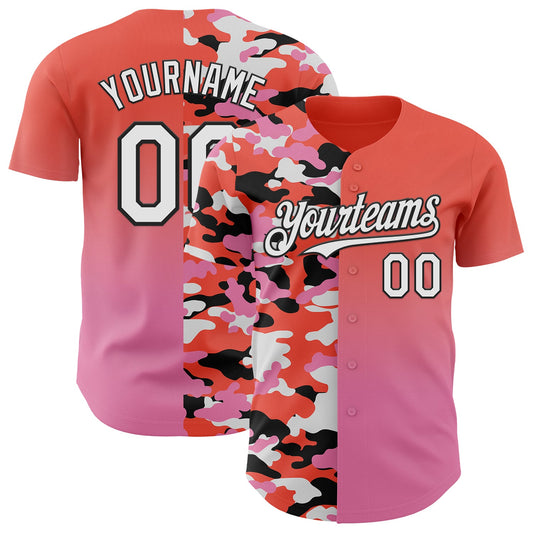 Custom Orange White Pink-Black Half Camo Ombre Authentic Baseball Jersey - Main View