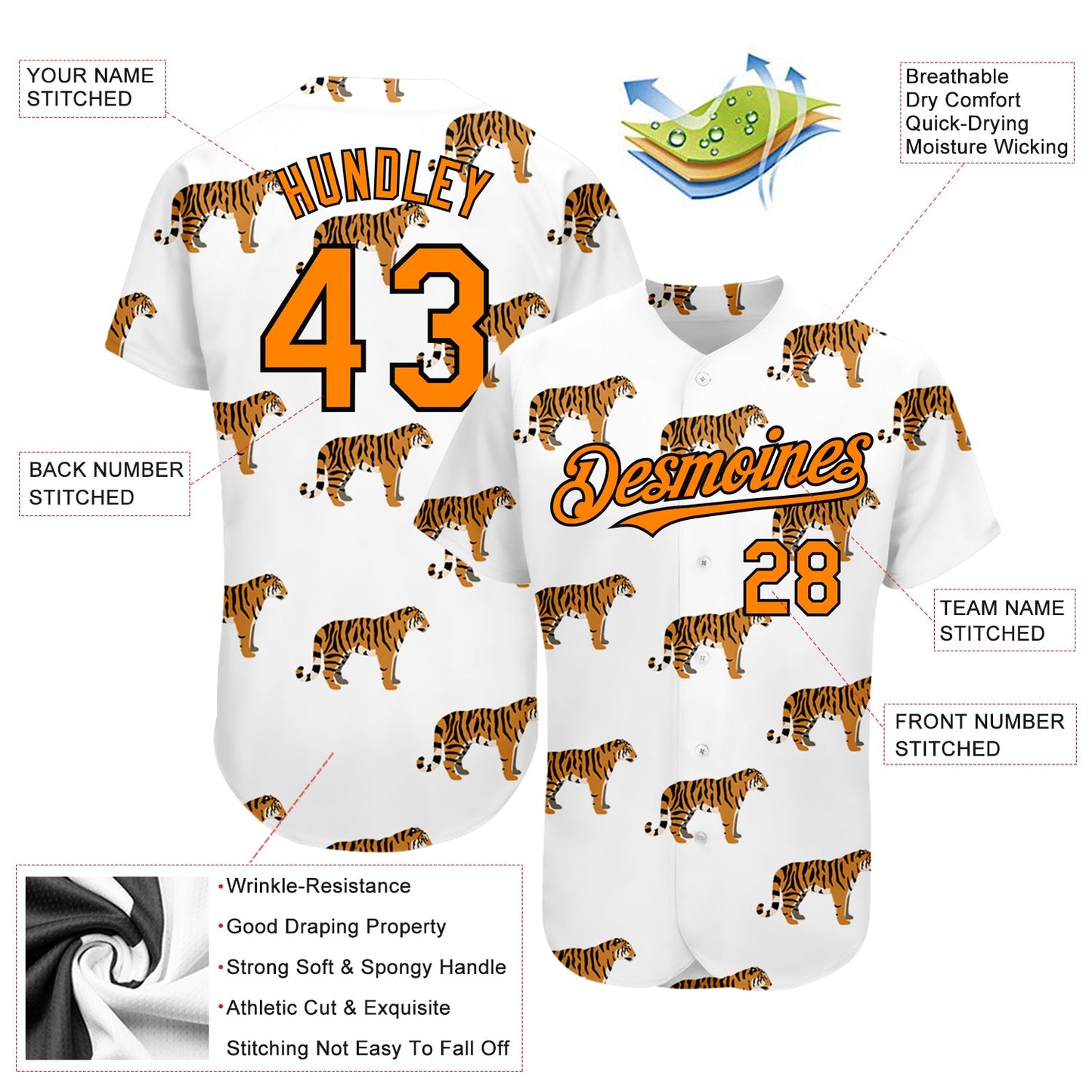 Custom White Bay Orange-Black 3D Pattern Design Tiger Authentic Baseball Jersey view 3