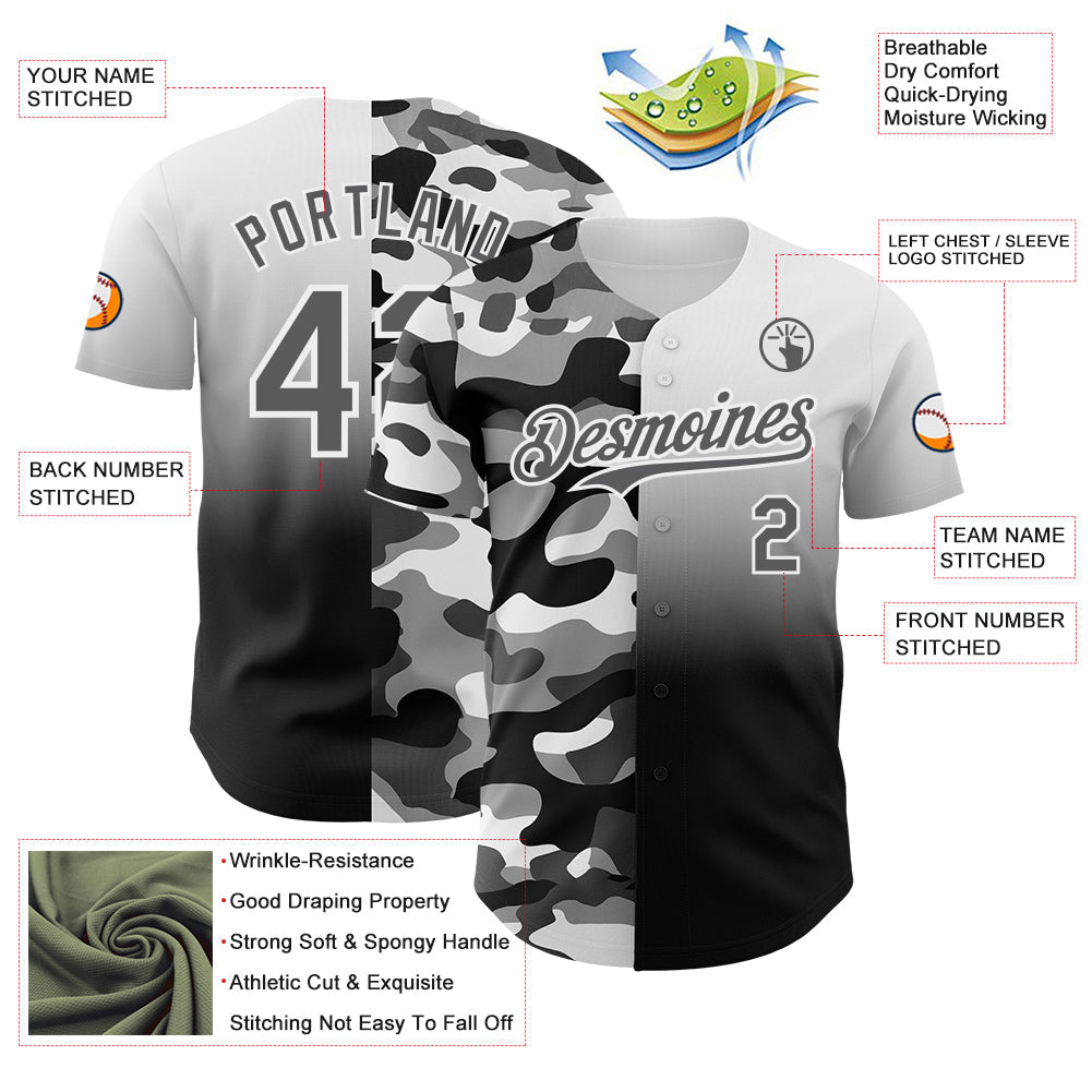 Custom White Steel Gray-Black Half Camo Ombre Authentic Baseball Jersey view 3