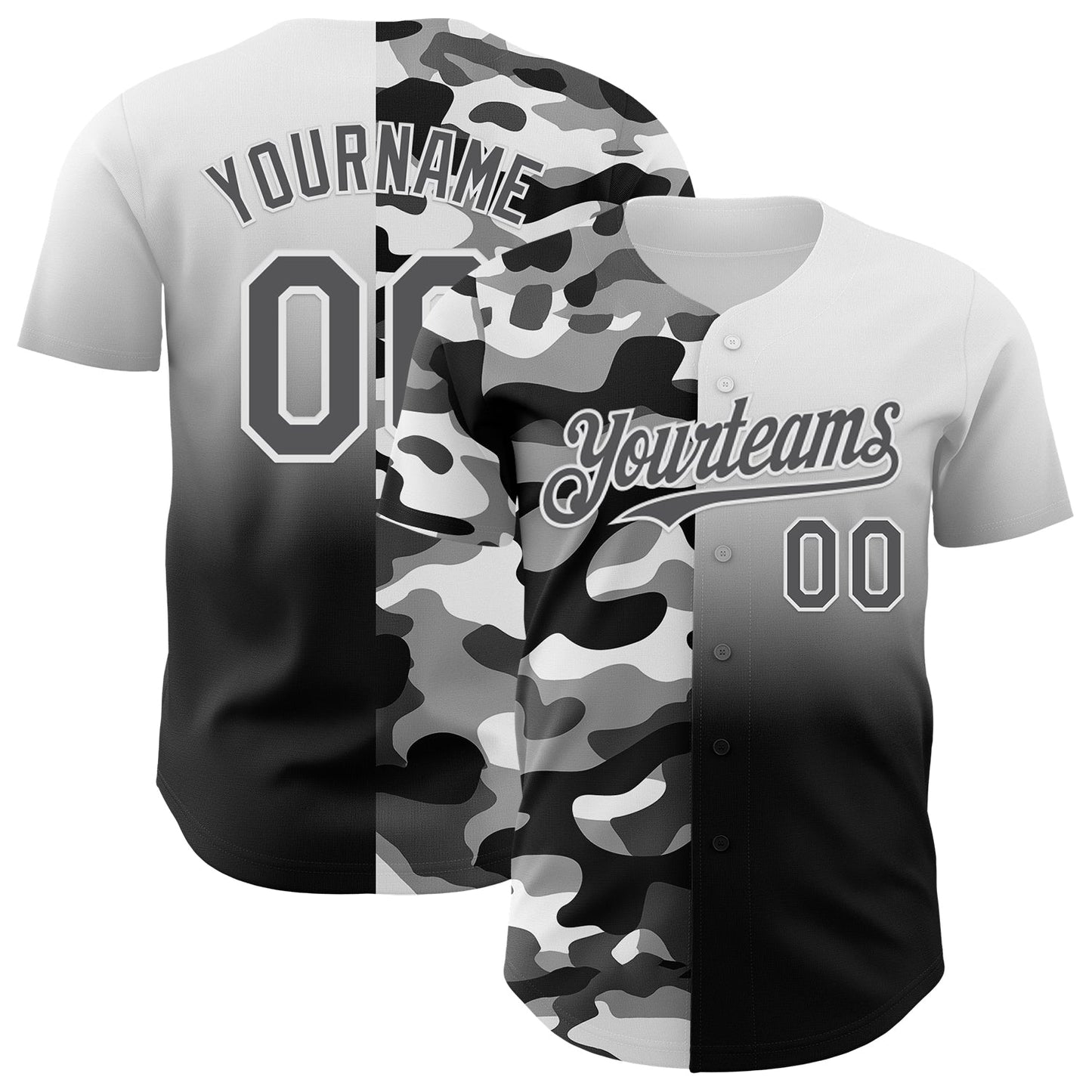 Custom White Steel Gray-Black Half Camo Ombre Authentic Baseball Jersey - Main View