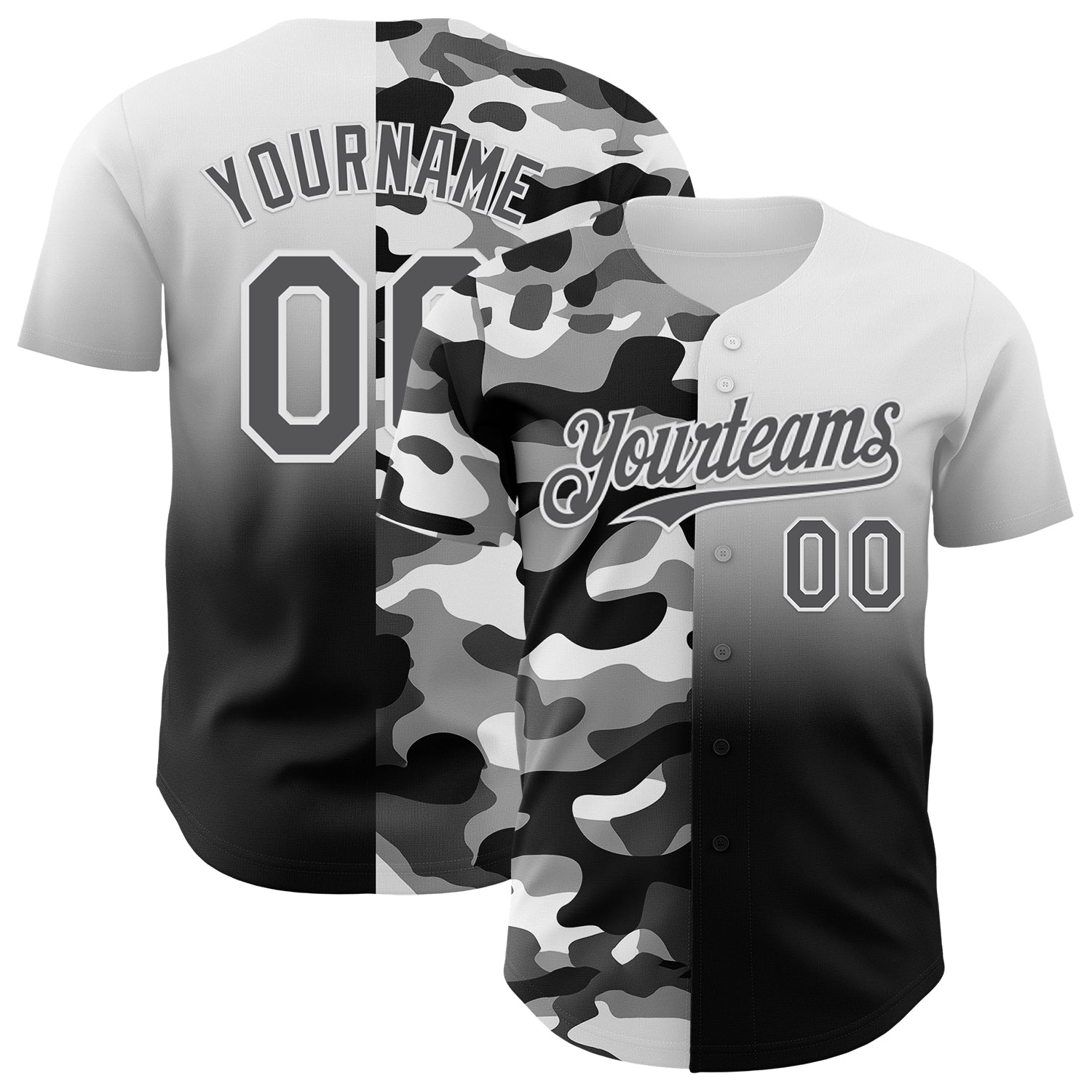 Custom White Steel Gray-Black Half Camo Ombre Authentic Baseball Jersey - Main View