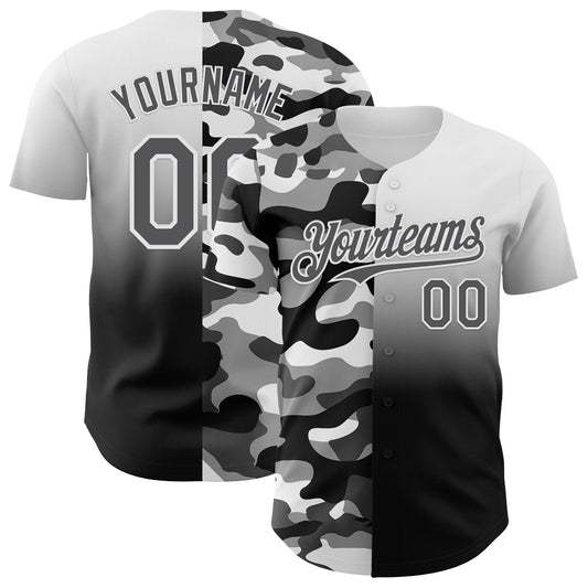 Custom White Steel Gray-Black Half Camo Ombre Authentic Baseball Jersey - Main View