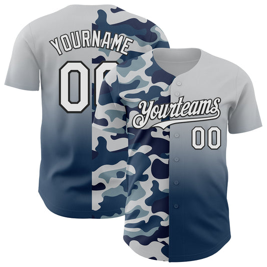Custom White Blue-Black Half Camo Ombre Authentic Baseball Jersey - Main View