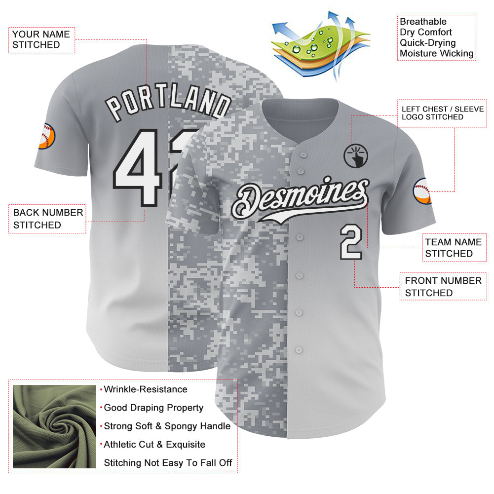 Custom Gray White-Black Half Camo Ombre Authentic Baseball Jersey view 3