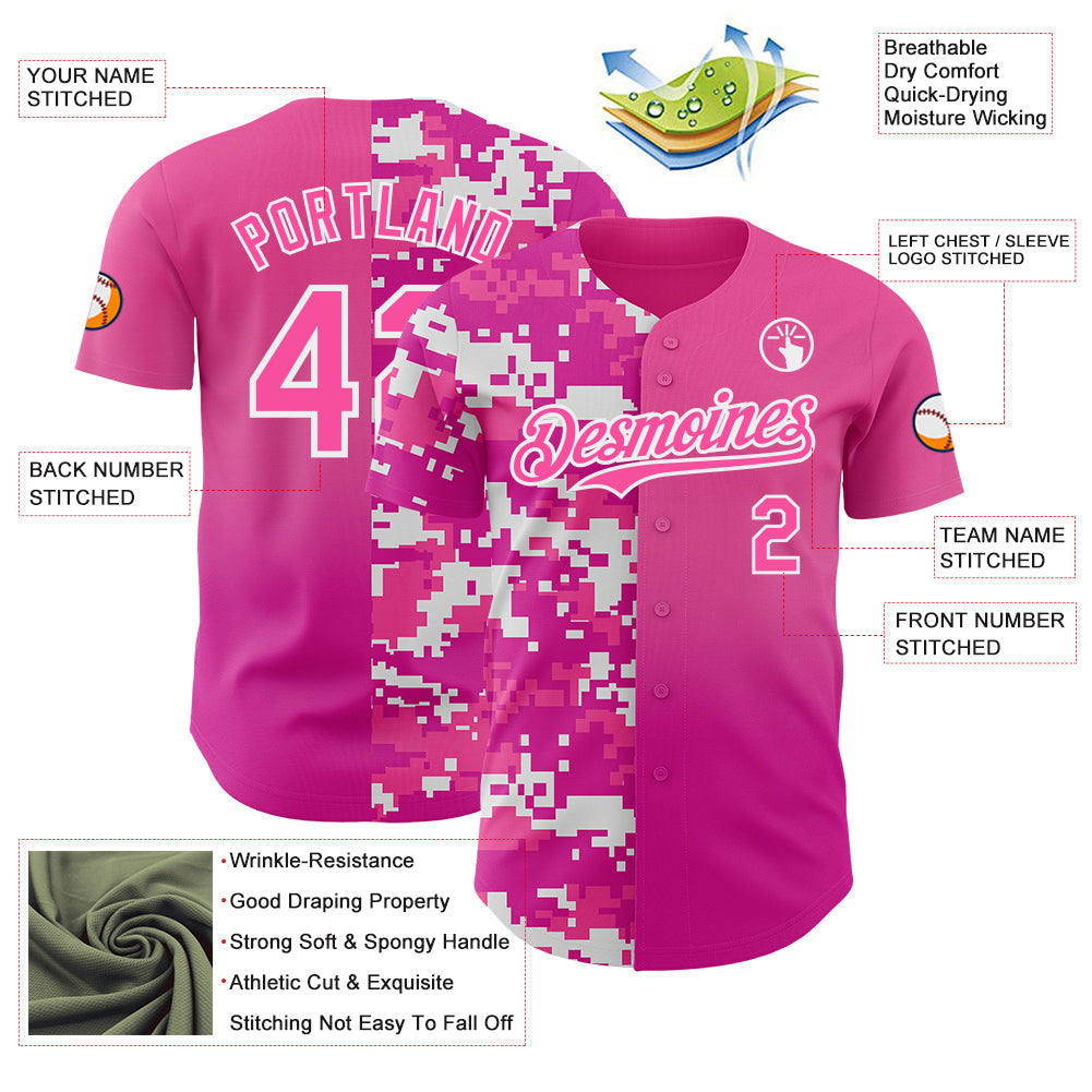 Custom Pink Deep Pink-White Half Camo Ombre Authentic Baseball Jersey view 3