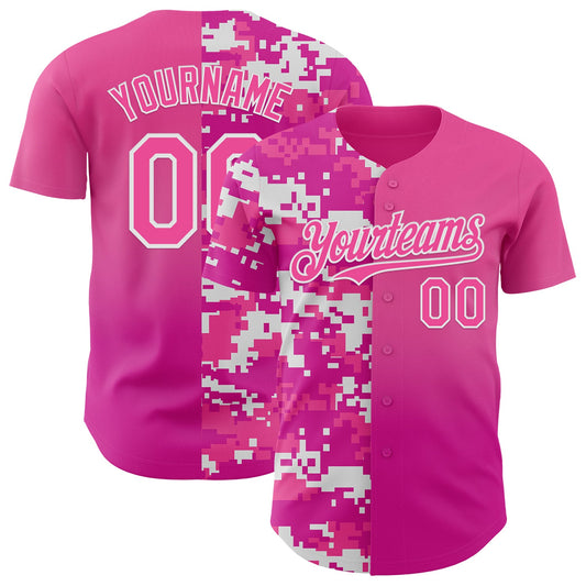 Custom Pink Deep Pink-White Half Camo Ombre Authentic Baseball Jersey - Main View