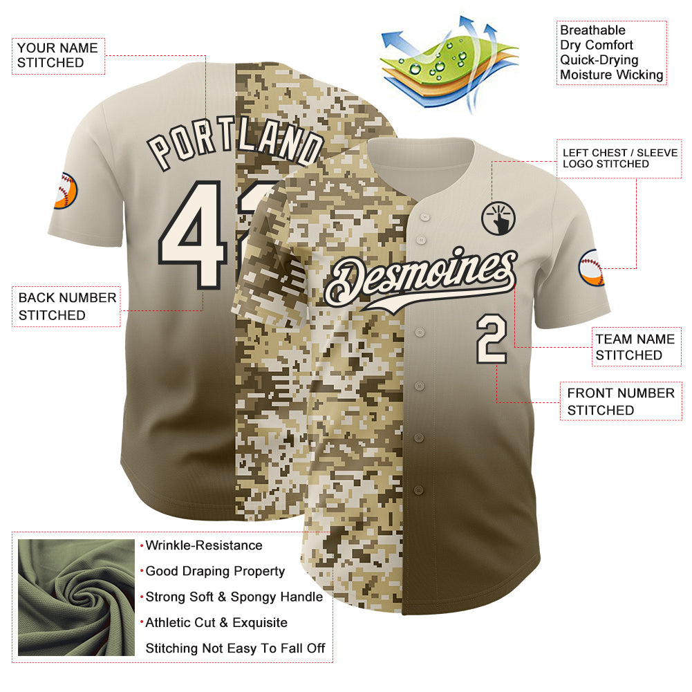 Custom Cream Olive-Black Half Camo Ombre Authentic Baseball Jersey view 3