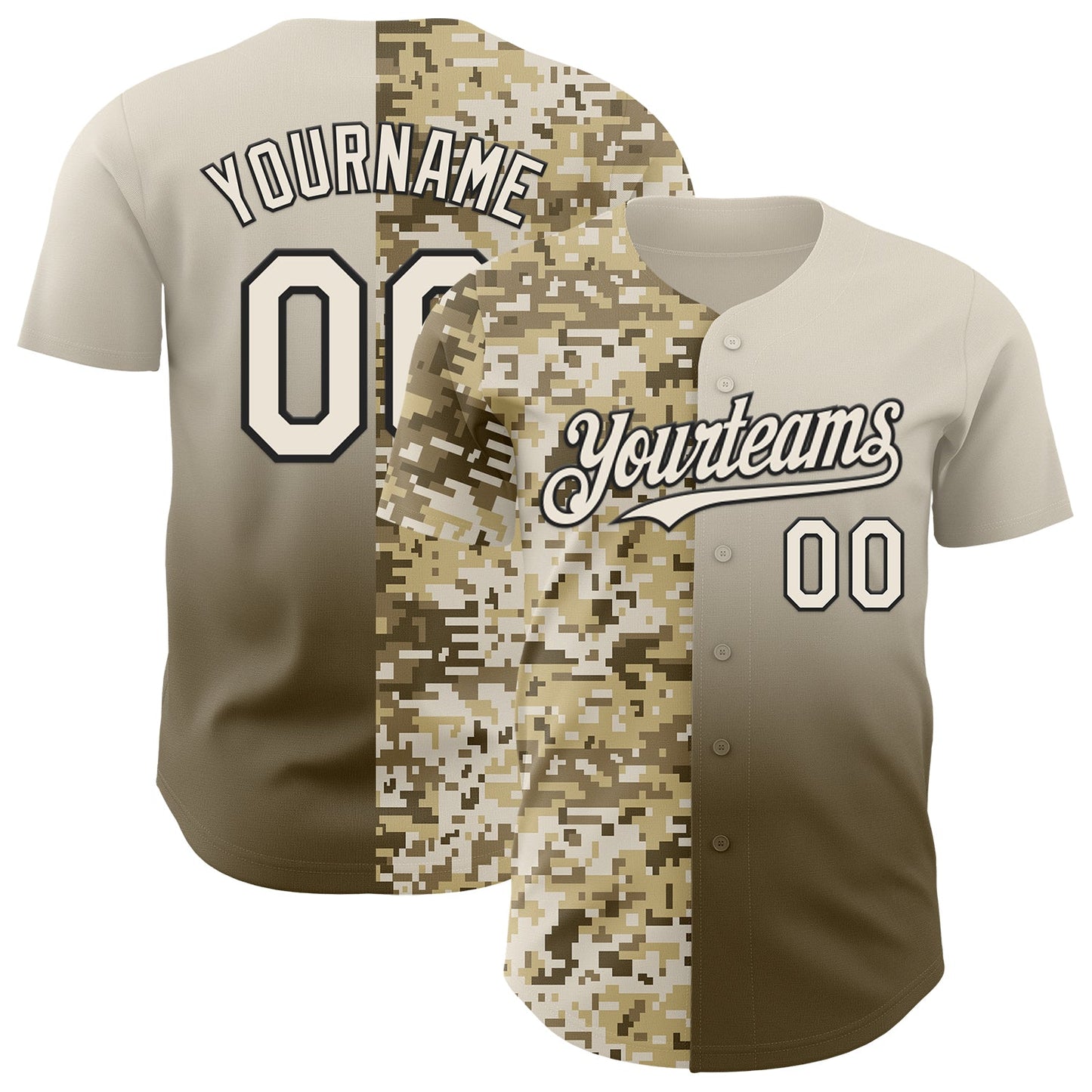 Custom Cream Olive-Black Half Camo Ombre Authentic Baseball Jersey - Main View