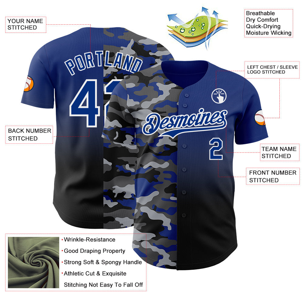 Custom Royal Black-White Half Camo Ombre Authentic Baseball Jersey view 3
