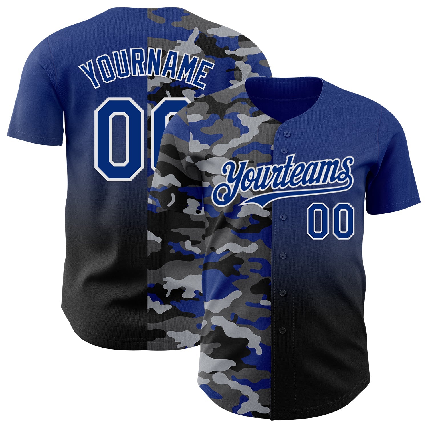 Custom Royal Black-White Half Camo Ombre Authentic Baseball Jersey - Main View