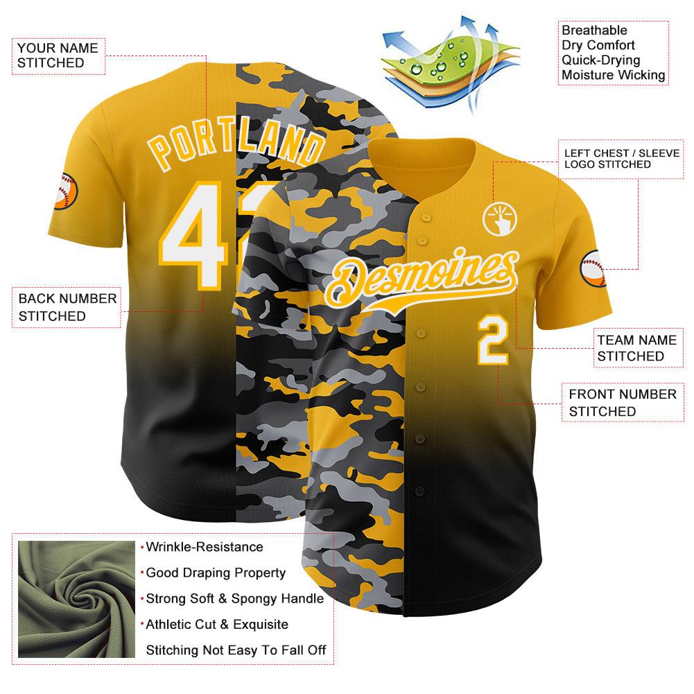 Custom Gold White-Black Half Camo Ombre Authentic Baseball Jersey view 3