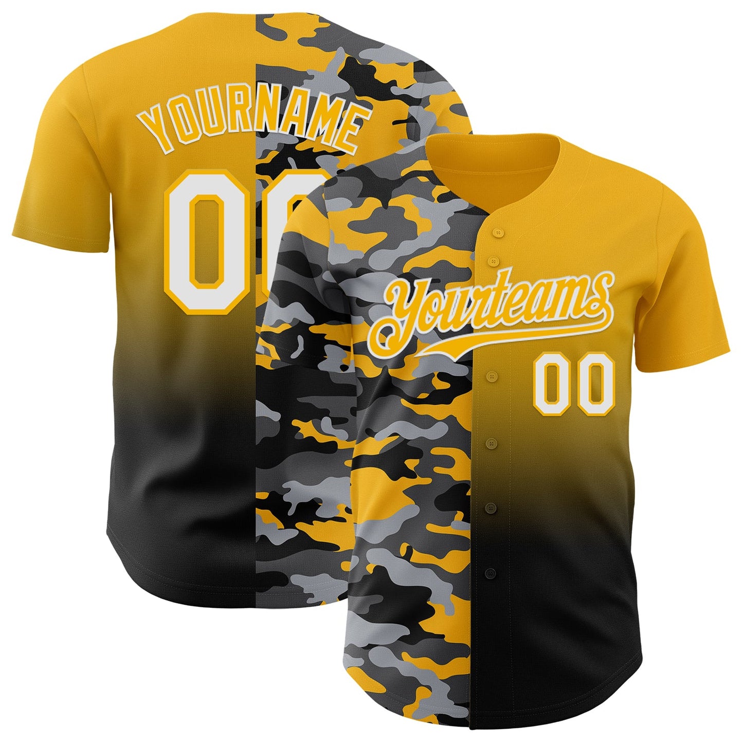 Custom Gold White-Black Half Camo Ombre Authentic Baseball Jersey - Main View