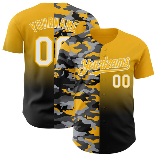 Custom Gold White-Black Half Camo Ombre Authentic Baseball Jersey - Main View