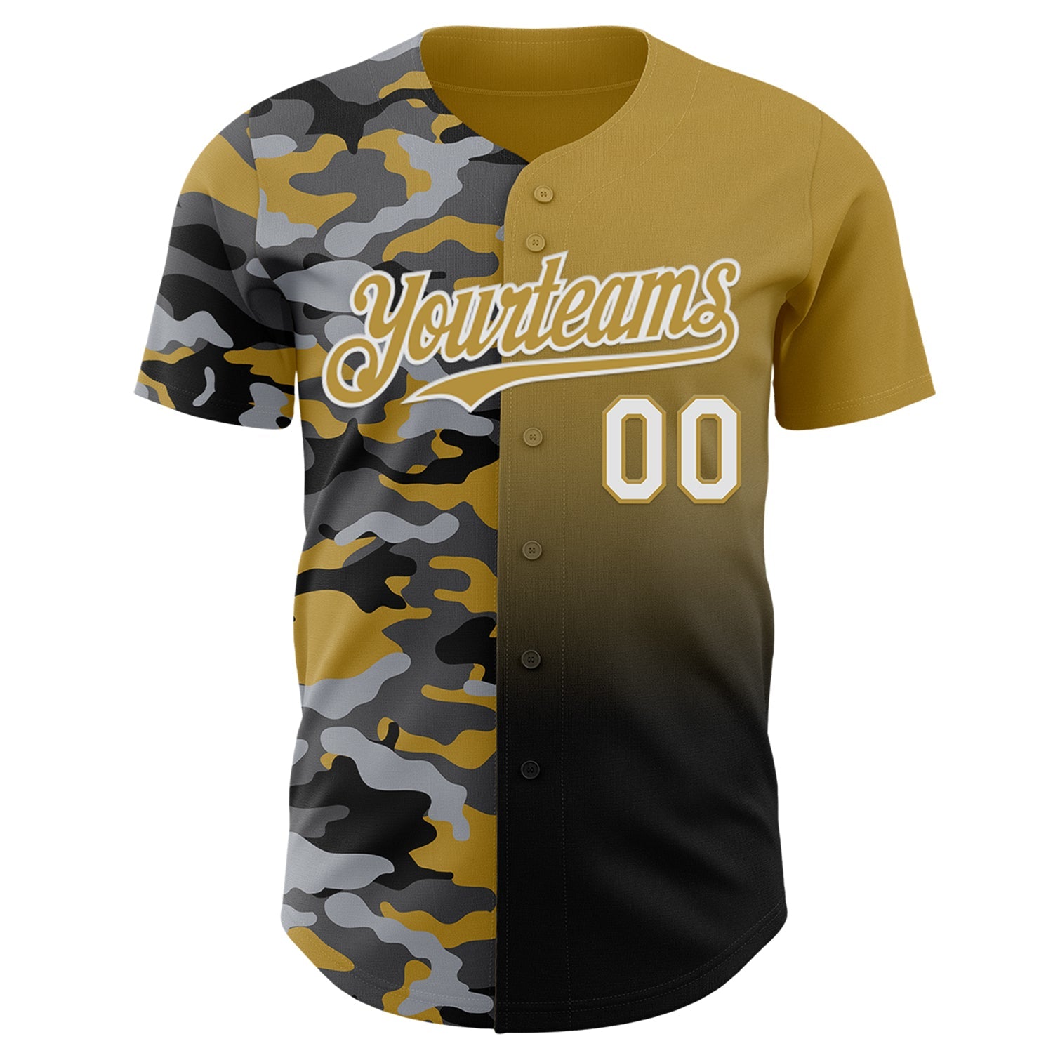 Custom Old Gold White-Black Half Camo Ombre Authentic Baseball Jersey view 2