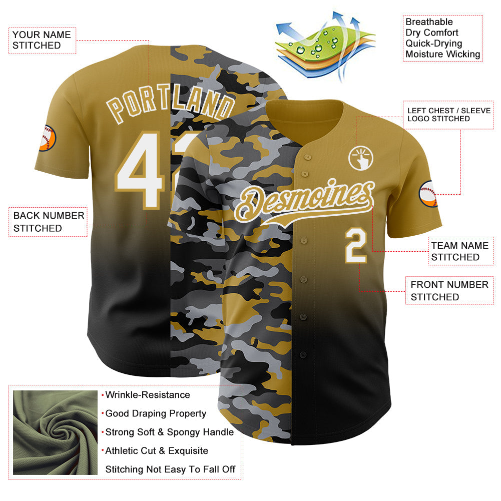 Custom Old Gold White-Black Half Camo Ombre Authentic Baseball Jersey view 3