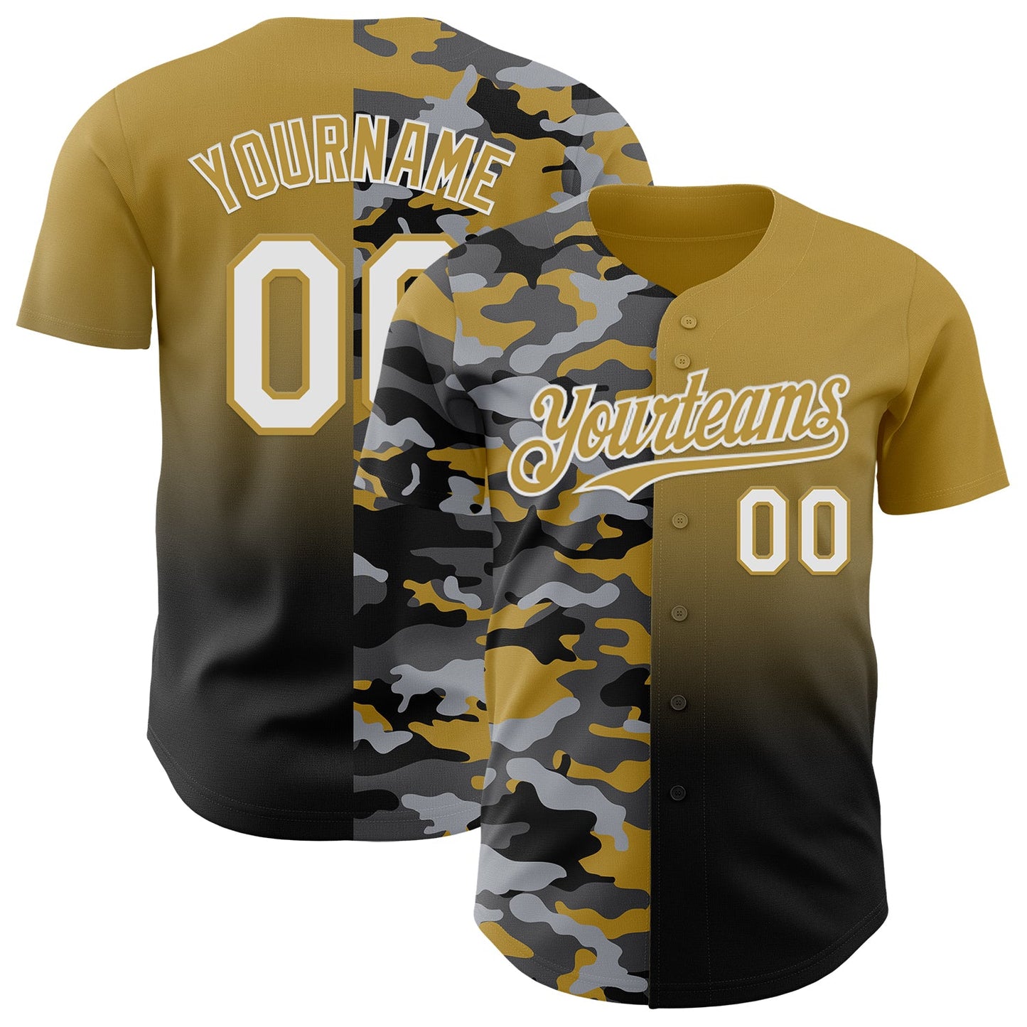 Custom Old Gold White-Black Half Camo Ombre Authentic Baseball Jersey - Main View