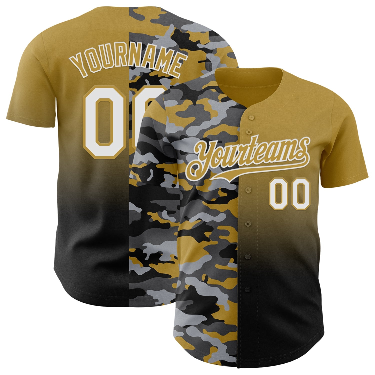 Custom Old Gold White-Black Half Camo Ombre Authentic Baseball Jersey - Main View