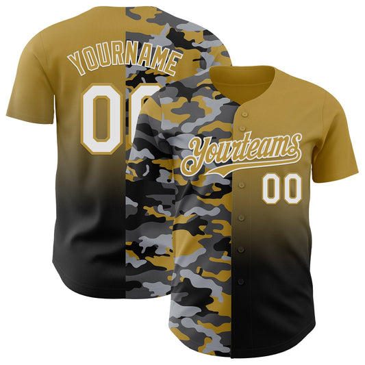 Custom Old Gold White-Black Half Camo Ombre Authentic Baseball Jersey - Main View