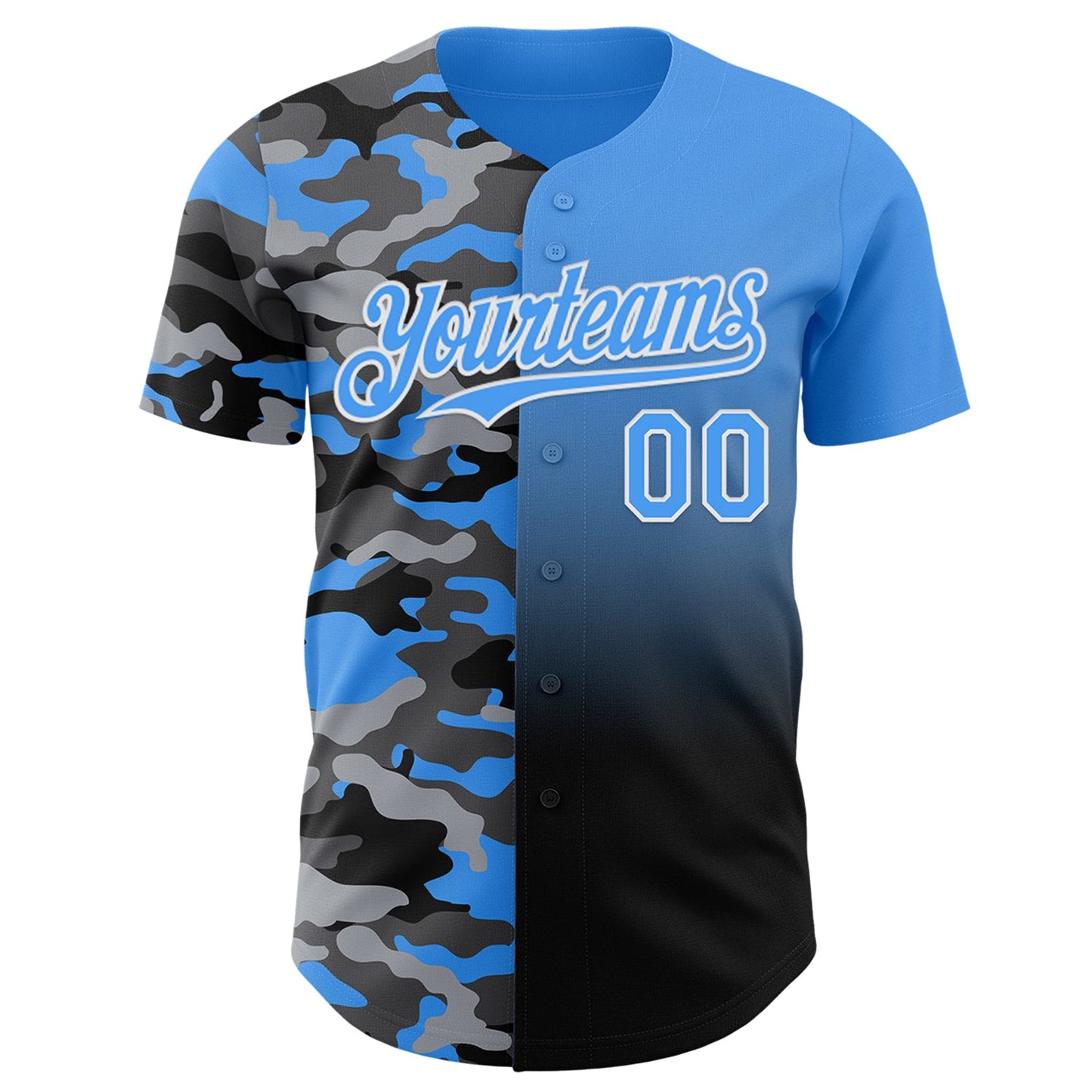 Custom Electric Blue Black-White Half Camo Ombre Authentic Baseball Jersey view 2