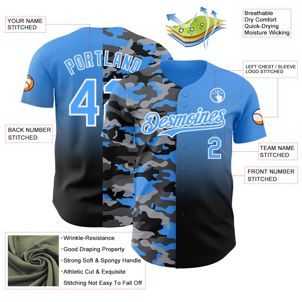 Custom Electric Blue Black-White Half Camo Ombre Authentic Baseball Jersey view 3