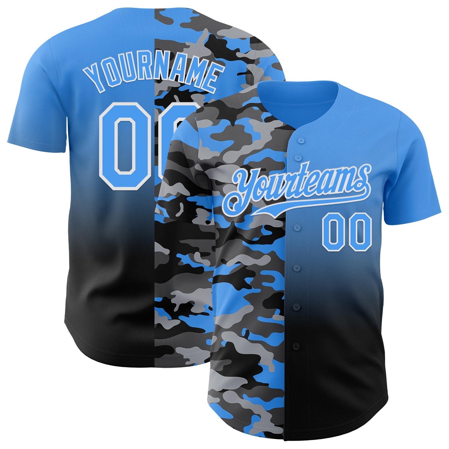 Custom Electric Blue Black-White Half Camo Ombre Authentic Baseball Jersey - Main View