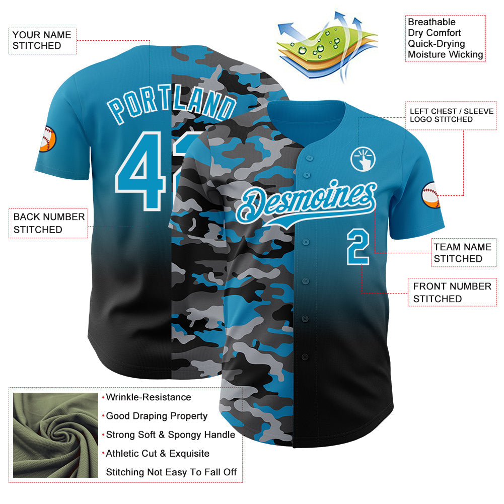Custom Panther Blue Black-White Half Camo Ombre Authentic Baseball Jersey view 3