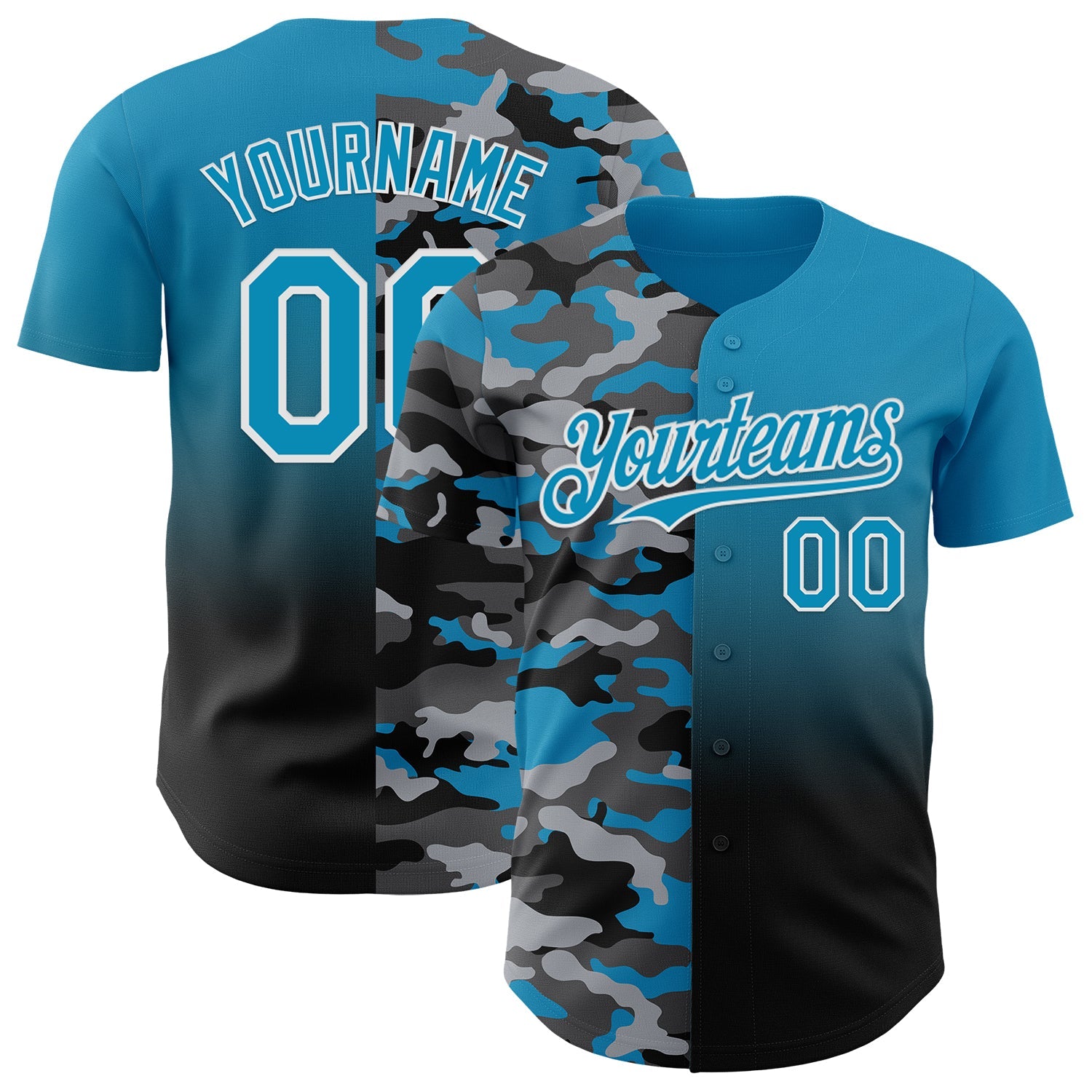 Custom Panther Blue Black-White Half Camo Ombre Authentic Baseball Jersey - Main View