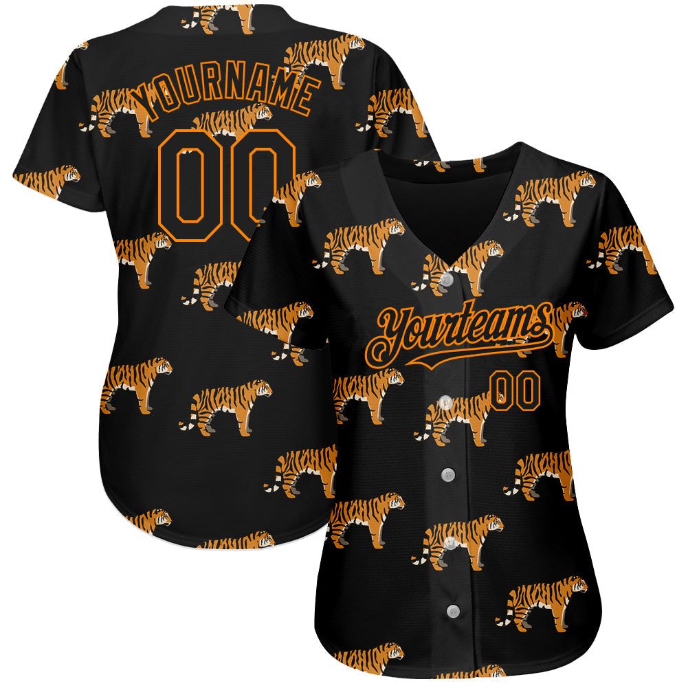 Custom Black Bay Orange 3D Pattern Design Tiger Authentic Baseball Jersey view 2