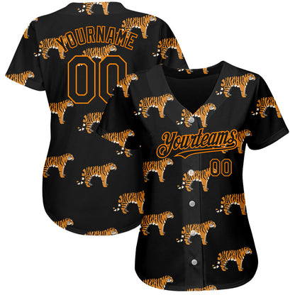 Custom Black Bay Orange 3D Pattern Design Tiger Authentic Baseball Jersey view 2