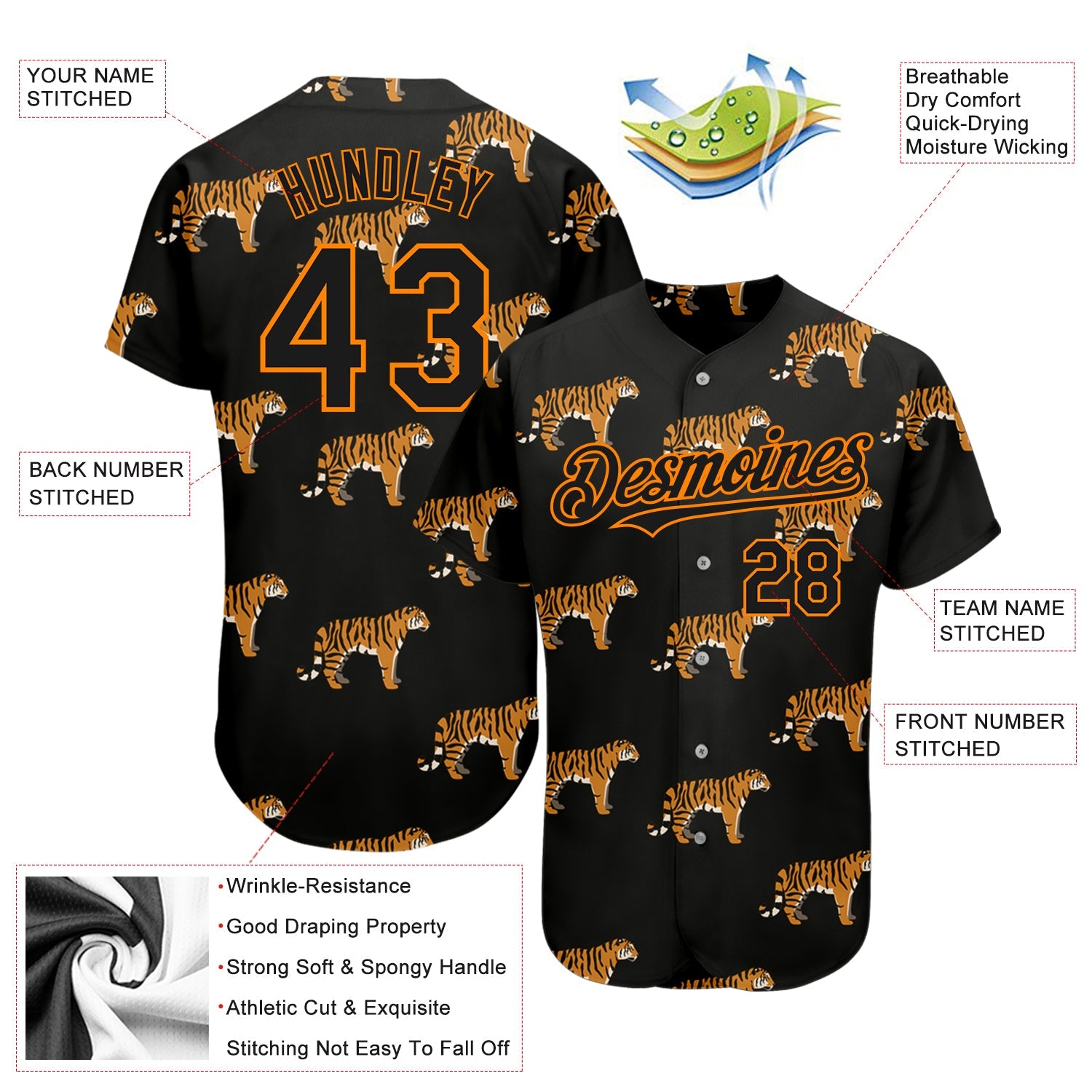 Custom Black Bay Orange 3D Pattern Design Tiger Authentic Baseball Jersey view 3
