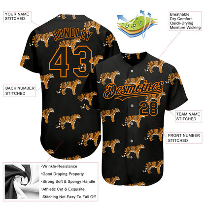 Custom Black Bay Orange 3D Pattern Design Tiger Authentic Baseball Jersey view 3