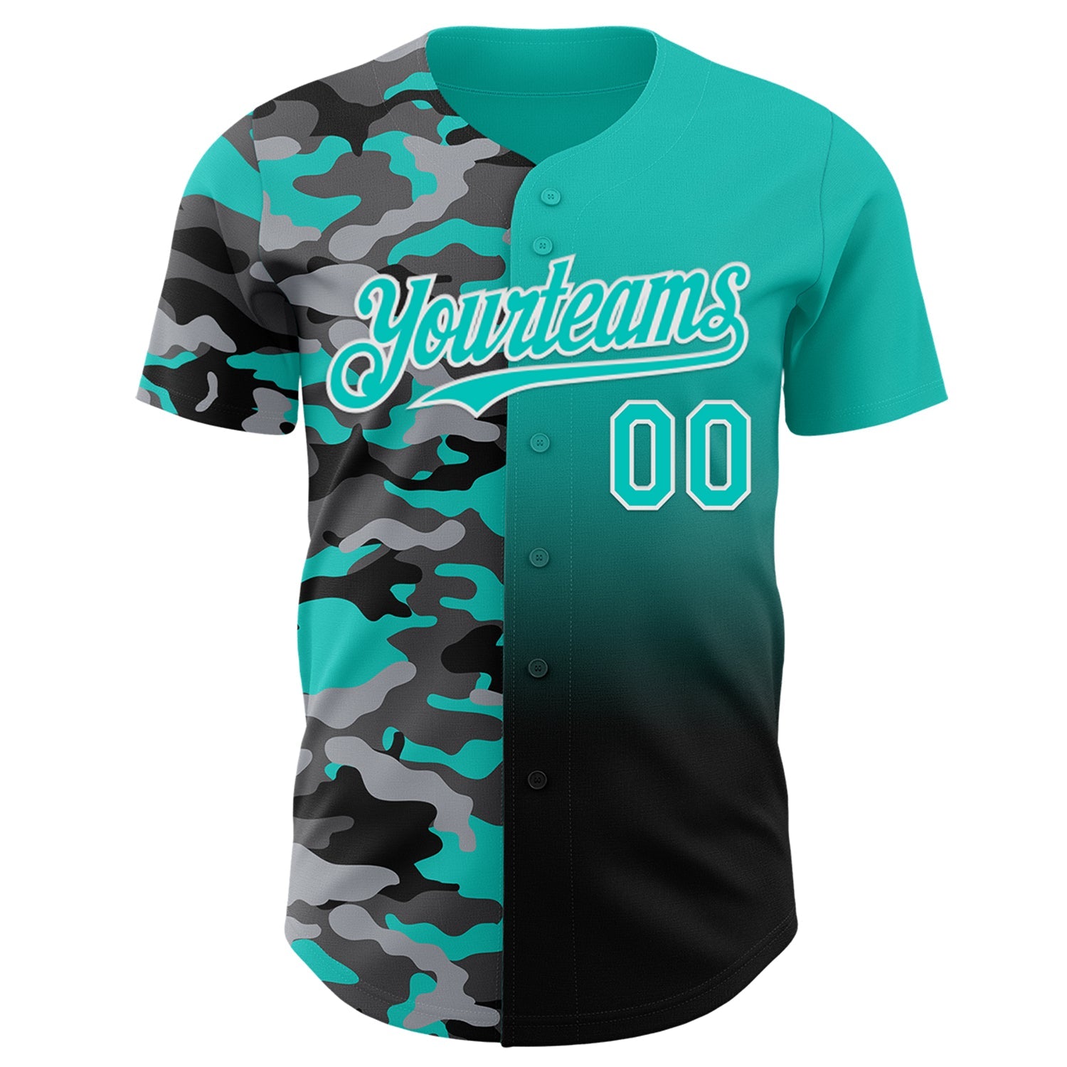 Custom Aqua Black-White Half Camo Ombre Authentic Baseball Jersey view 2