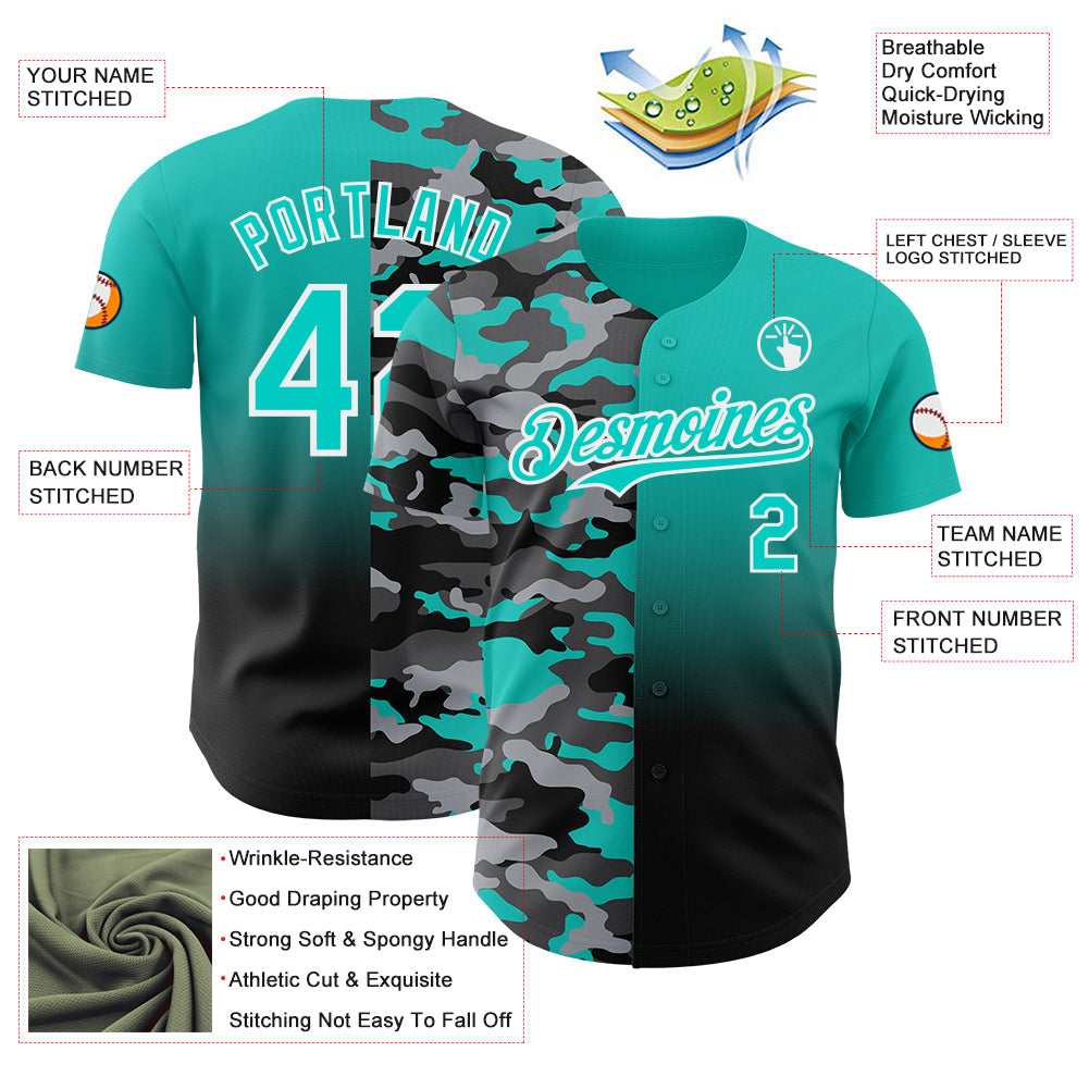 Custom Aqua Black-White Half Camo Ombre Authentic Baseball Jersey view 3