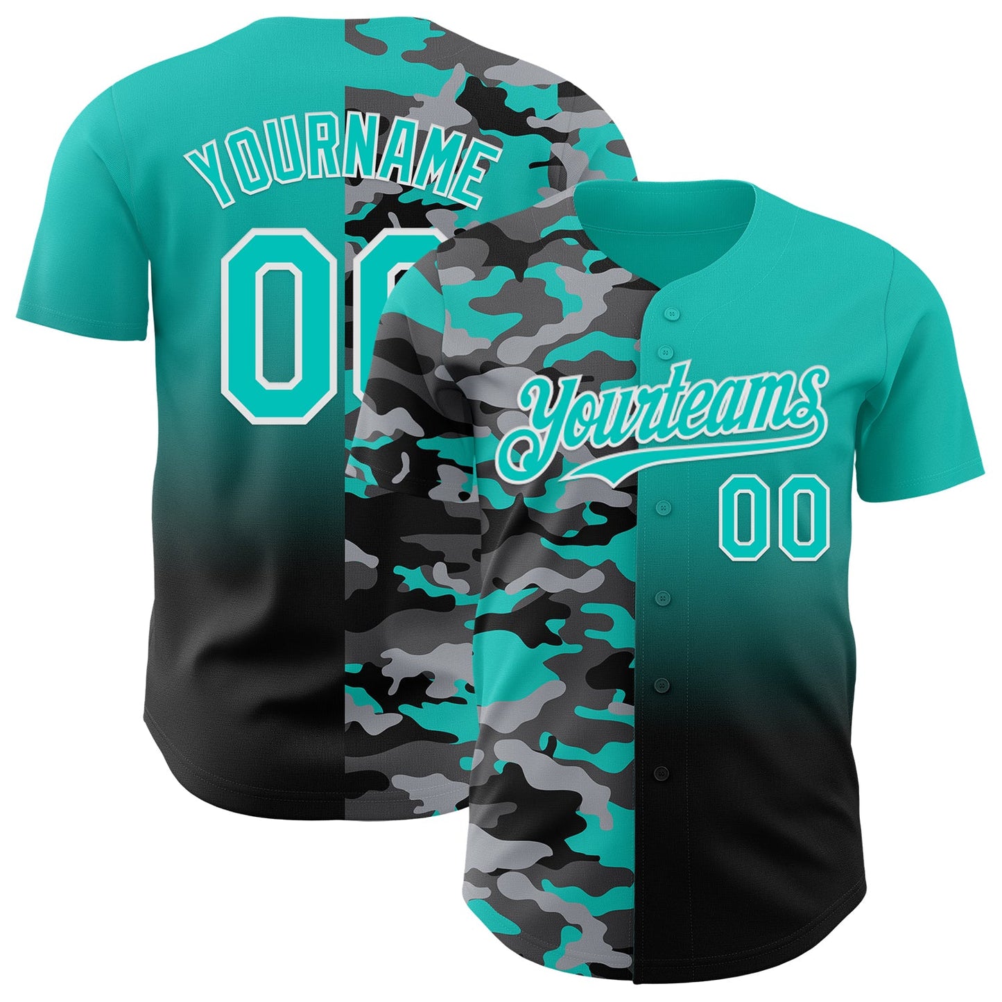 Custom Aqua Black-White Half Camo Ombre Authentic Baseball Jersey - Main View
