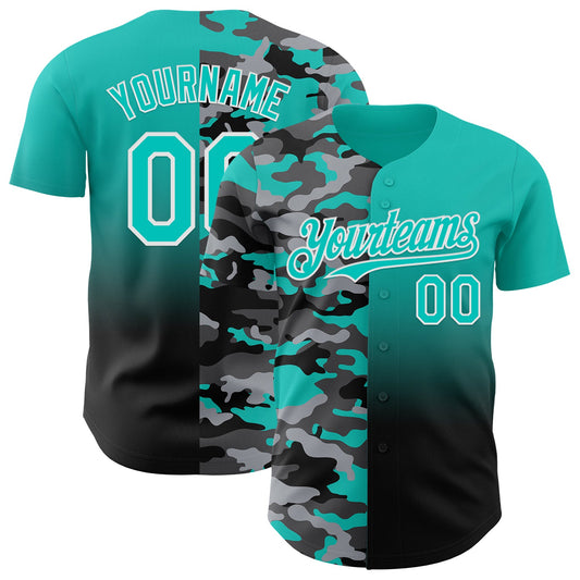 Custom Aqua Black-White Half Camo Ombre Authentic Baseball Jersey - Main View