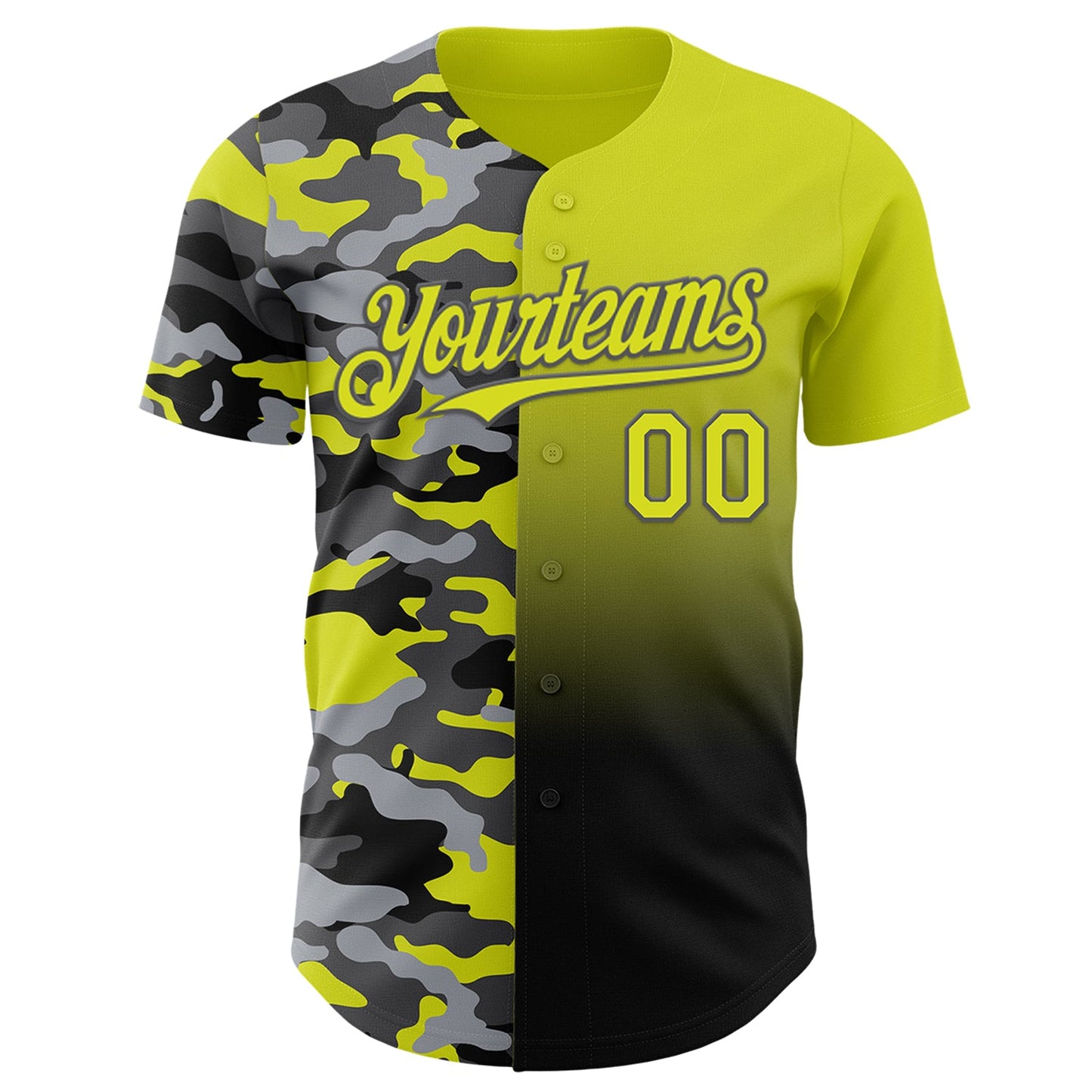 Custom Neon Yellow Black-Steel Gray Half Camo Ombre Authentic Baseball Jersey view 2