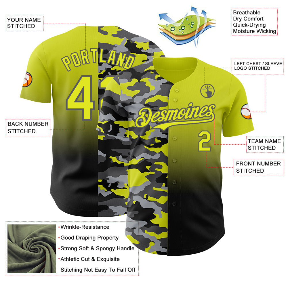 Custom Neon Yellow Black-Steel Gray Half Camo Ombre Authentic Baseball Jersey view 3