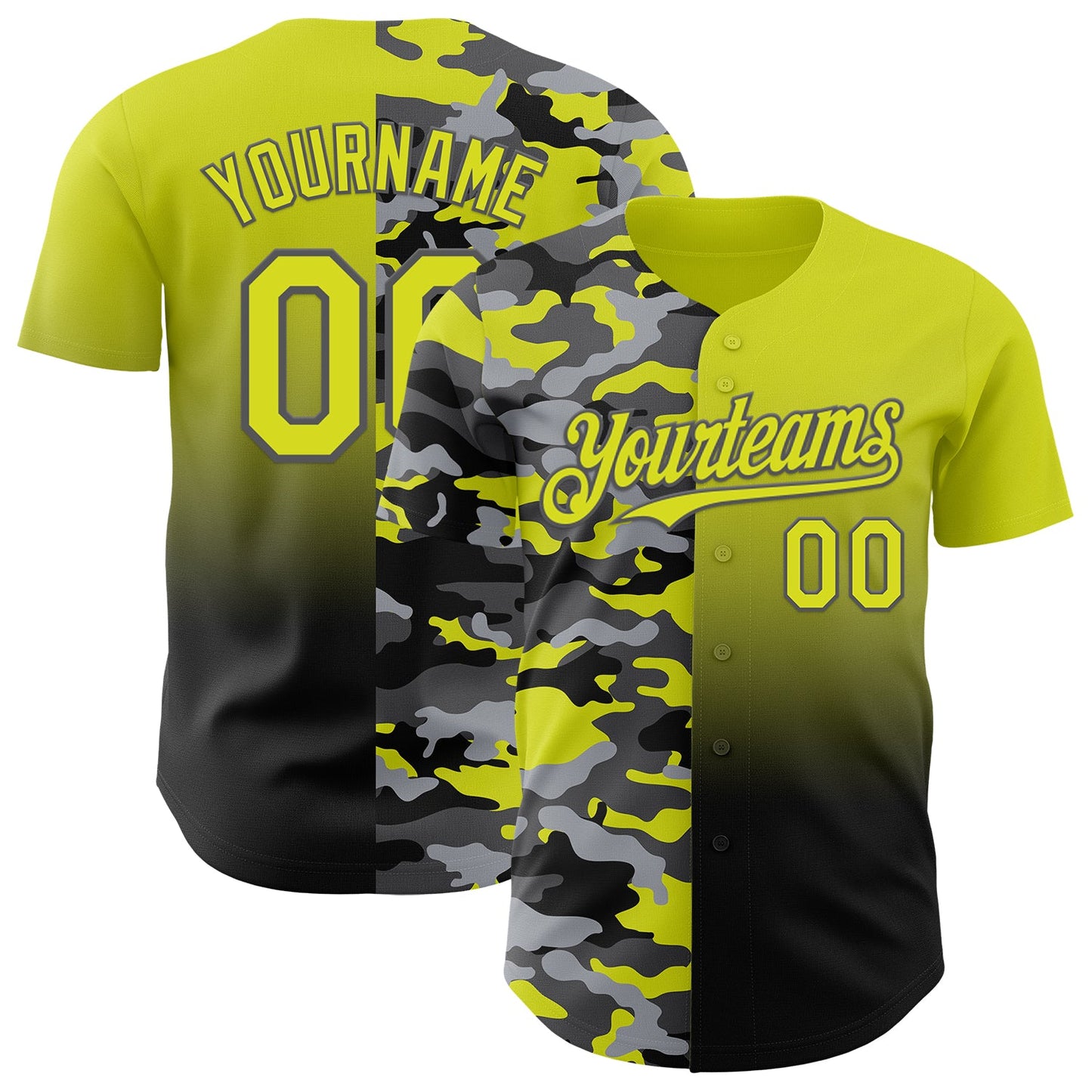 Custom Neon Yellow Black-Steel Gray Half Camo Ombre Authentic Baseball Jersey - Main View