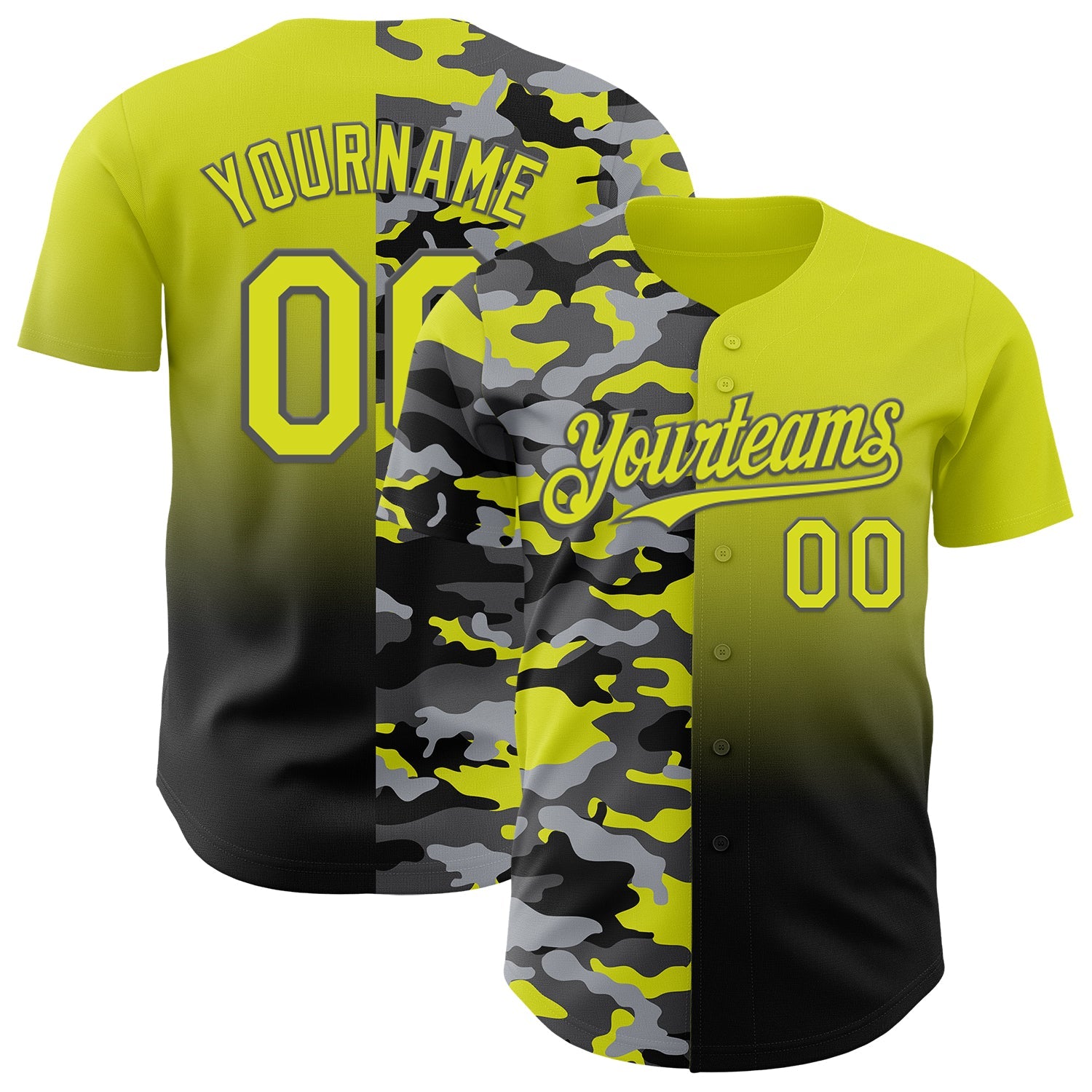 Custom Neon Yellow Black-Steel Gray Half Camo Ombre Authentic Baseball Jersey - Main View