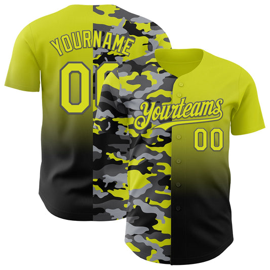 Custom Neon Yellow Black-Steel Gray Half Camo Ombre Authentic Baseball Jersey - Main View