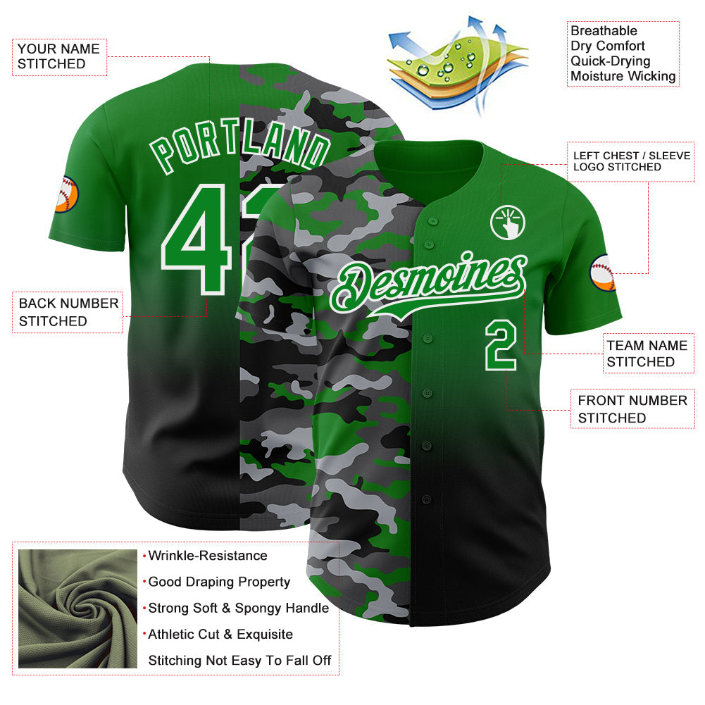Custom Grass Green Black-White Half Camo Ombre Authentic Baseball Jersey view 3